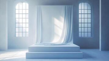 Elegant white scene featuring draped fabric over a platform, bathed in light from arched windows. A minimalistic and serene composition. photo