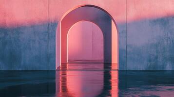 Arched doorways in a minimalist setting bathed in pink and blue hues, creating a serene and modern architectural scene. photo