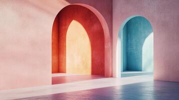 Architectural abstraction with arched openings in soft pastel hues. The space is defined by light, shadow, and geometric forms. photo