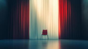 A lone chair sits center stage, framed by elegant red and white curtains, bathed in soft light on a reflective floor, evoking drama and anticipation. photo