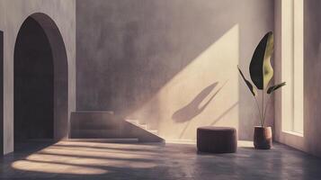 Sunlit interior with architectural archway, minimal stairs, potted plant, and soft lighting casts shadows, creating a serene atmosphere. photo