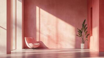 Interior with pink walls, chair, and plant. A serene indoor scene with sunlight casting shadows, creating a calm atmosphere. photo