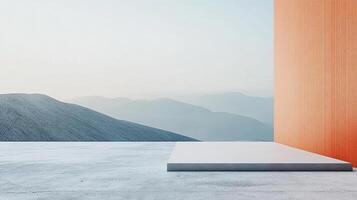 Minimalist platform with mountains background for product display. Clean design and simple color palette. Ideal backdrop for showcasing items. photo