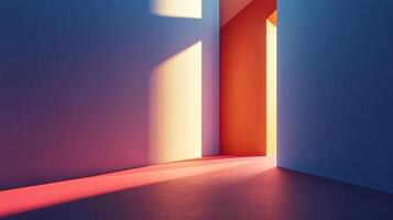 Illuminated minimalist architecture featuring a play of light and shadow on colorful walls creating visual interest and depth. photo