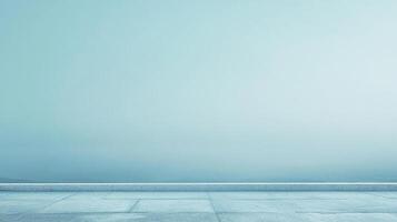 Serene blue expanse with concrete flooring, evoking tranquility and minimalism in a cityscape backdrop with soft lighting. Peaceful atmosphere. photo