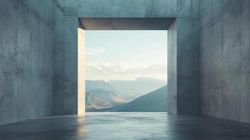 Concrete doorway frames a vista of distant mountains, sky, and clouds, offering a minimalist yet captivating architectural perspective. photo