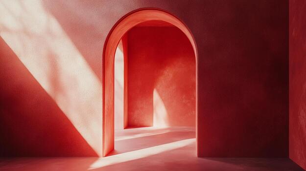 An archway in a red room allows light to flood inside, creating shadows that add depth and warmth to the empty interior space. photo