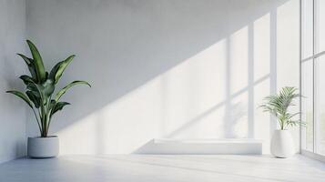 Bright room interior with lush plants creating a serene atmosphere, sunlight flooding in through the window, illuminating the minimal decor. photo