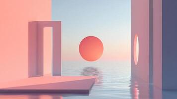 Minimalist seascape featuring geometric structures in pastel tones, with a floating sphere against a calming ocean and sky backdrop. photo