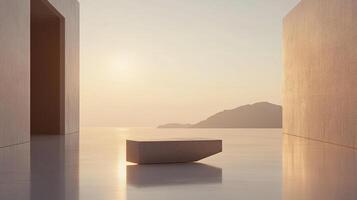 Minimalist platform display. A serene, architectural scene featuring a geometric podium against a soft, seaside background at sunrise. photo