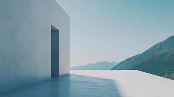 Minimalist concrete architecture frames a serene mountain vista, blending modern design with natural beauty under a clear sky. photo