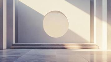 Architectural abstraction with a circular cut-out casting shadows on the wall, minimalist aesthetics, and clean lines. photo