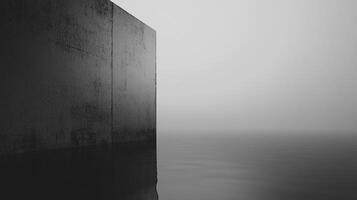 Monochrome abstract with imposing wall by calm water, evoking solitude. Dramatic, minimalistic composition emphasizes texture and serene reflection. photo