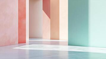 Modern architecture featuring pastel-colored walls and natural light creating shadows on polished concrete flooring in an artful composition. photo