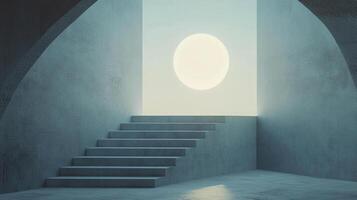 Minimalist architectural design with stairs leading to a portal bathed in soft light, creating a sense of serenity and upward movement. photo