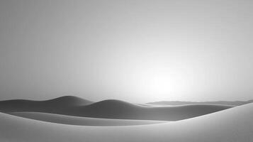 Monochrome desert vista with rolling sand dunes in the foreground and soft light creating a serene and minimalist scene. photo