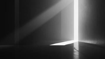 Abstract monochrome image featuring light streaming through a doorway, creating a dramatic contrast in a minimalist space. Perspective. photo