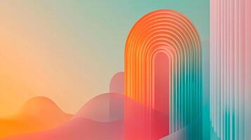 Abstract art featuring flowing shapes, archways, and vertical elements in a gradient of orange, pink, and teal creates depth and interest. photo