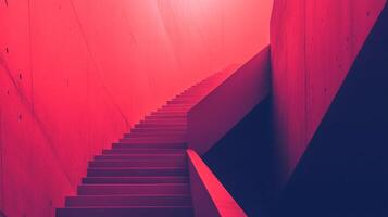 A high-angle shot shows a stairway cast in red light leading upward, with a stark geometric interplay of light, shadow and architectural lines. photo