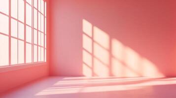Warm pink room with light streaming from window forming geometric patterns on walls and floor, creating a serene and inviting atmosphere. photo