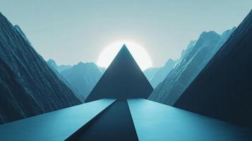 A surreal, futuristic landscape with a dark pyramid, sharp mountains, a light sky and a path leading towards an unseen horizon. photo