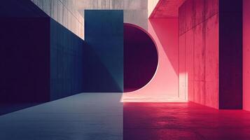Abstract architecture with geometric concrete forms and contrasting pink and blue hues, creating a visually striking composition. photo