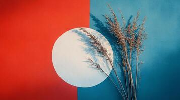 Arrangement of dried plants against a color-blocked backdrop with a white circle, casting shadows on the vibrant surface. Minimal. photo