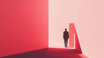 Silhouette walks into a bright, coral room towards an open doorway, creating dramatic shadows and minimalist aesthetic. photo