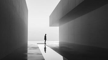 Minimalist monochromatic architectural scene featuring the silhouette of a person standing between modern concrete structures and a reflective pool. photo