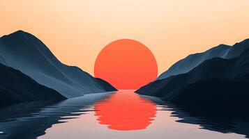Serene landscape featuring a bright sun setting between mountains, reflected in calm water, creating a peaceful, scenic view. photo