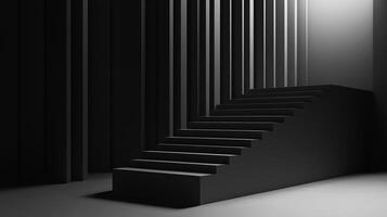 A monochromatic image showcases a modern staircase bathed in shadows, creating a striking architectural contrast of light and shadow. photo
