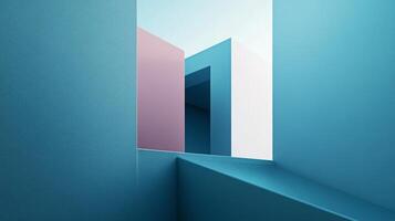 Geometric abstraction of architecture featuring blue, pink, and white planes in a minimalist and modern composition. photo
