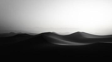 Monochrome desert landscape featuring rolling sand dunes against a bright sky, creating a serene and atmospheric scene. photo