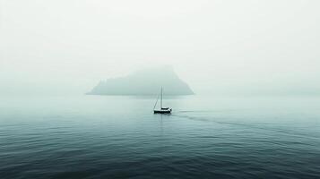 Serene sailboat voyage across calm waters, misty backdrop with distant mountain, creating peaceful nautical scene. Evokes solitude, adventure. photo