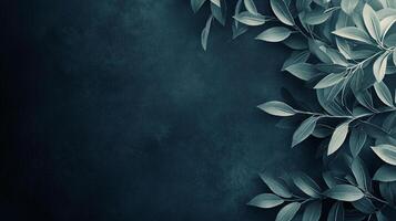 Elegant botanical pattern. Fresh leaves adorn a muted blue background, creating a serene and sophisticated botanical illustration. photo