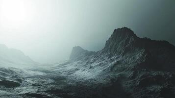 A desolate, otherworldly landscape is shrouded in a cool, ethereal mist, creating a mysterious and foreboding atmosphere. photo