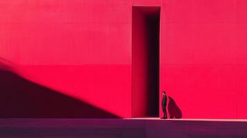 A figure stands beside a dark doorway, set against a bright red wall, creating a stark contrast of color and shadow. photo