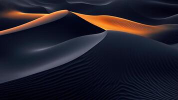 An abstract landscape reveals rolling dunes bathed in the soft glow of sunrise, with a stark contrast between light and shadow, creating depth. photo