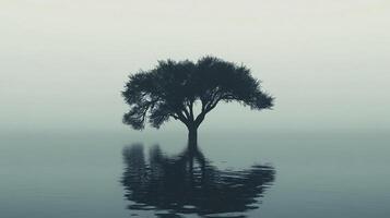 A solitary tree stands in water, its dark silhouette mirroring in the still surface under a misty sky, creating a serene atmosphere. photo