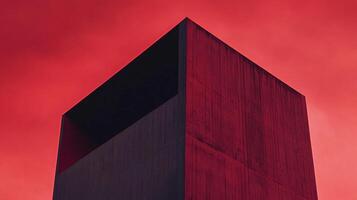 Striking modern architecture featuring bold lines and a dramatic red palette, creating a strong visual impact against a monochrome sky. photo