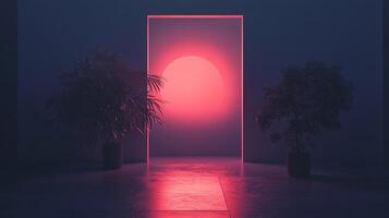 Illuminated portal with potted plants emitting a red glow, evoking a sense of mystery, transition, and minimalist indoor design. photo