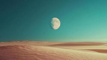 Desert landscape with a serene moonlit sky, creating a tranquil and otherworldly scene. A beautiful and peaceful scenery in the desert. photo