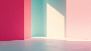 Abstract composition of pink, red, and blue walls creating geometric shapes. The natural light enhances the space's simplicity and design. photo