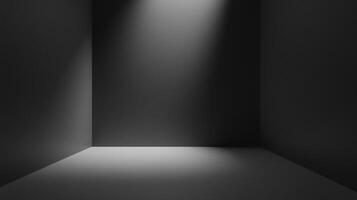 Minimalist interior with stark contrast and spotlight, creating a dramatic space with geometric forms and gradations of light and shadow. photo