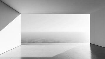 Monochrome minimalist interior overlooking the serene ocean, bathed in soft, diffused light, creating a tranquil atmosphere. photo