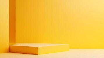Minimalist yellow backdrop with platform. Perfect for showcasing products in an eye-catching and clean presentation. Ideal for advertising. photo