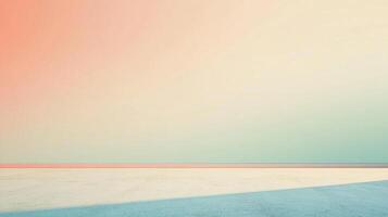Minimalist scene of a room with gradient wall, transitioning from peach to soft blue, creating a serene and spacious visual. photo