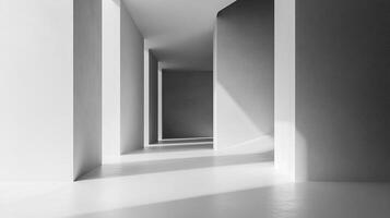 A minimalist, monochromatic architectural space featuring abstract white columns creating a unique perspective and interplay of light and shadow. photo