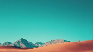 Minimalist landscape featuring desert dunes meeting distant mountains, all beneath a serene, teal-colored sky, creating a calming vista. photo