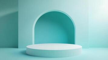 A captivating minimalist studio scene, bathed in soothing turquoise hues, creating a serene stage for product displays and artistic expression. photo